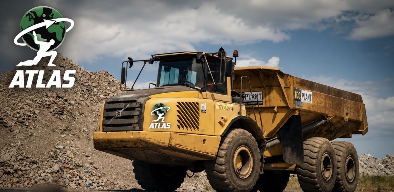 Atlas branded Volvo articulated dump truck on a muck shift site