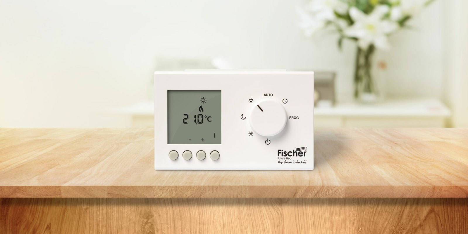 Fischer wireless room thermostat showing its temperature display and dial