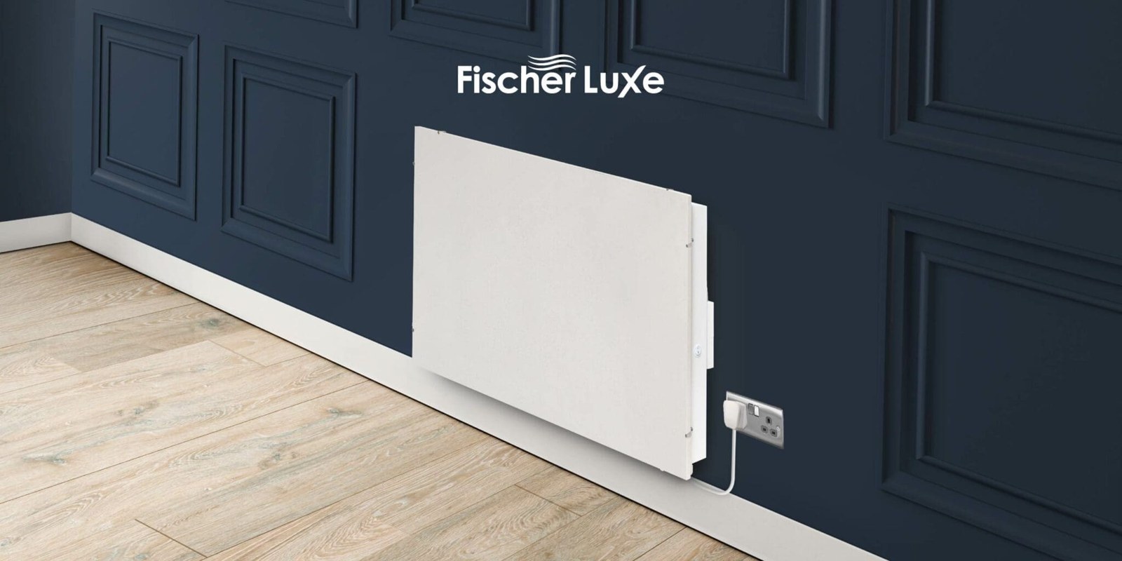 White stone-fronted Fischer Luxe electric radiator on a blue panelled wall