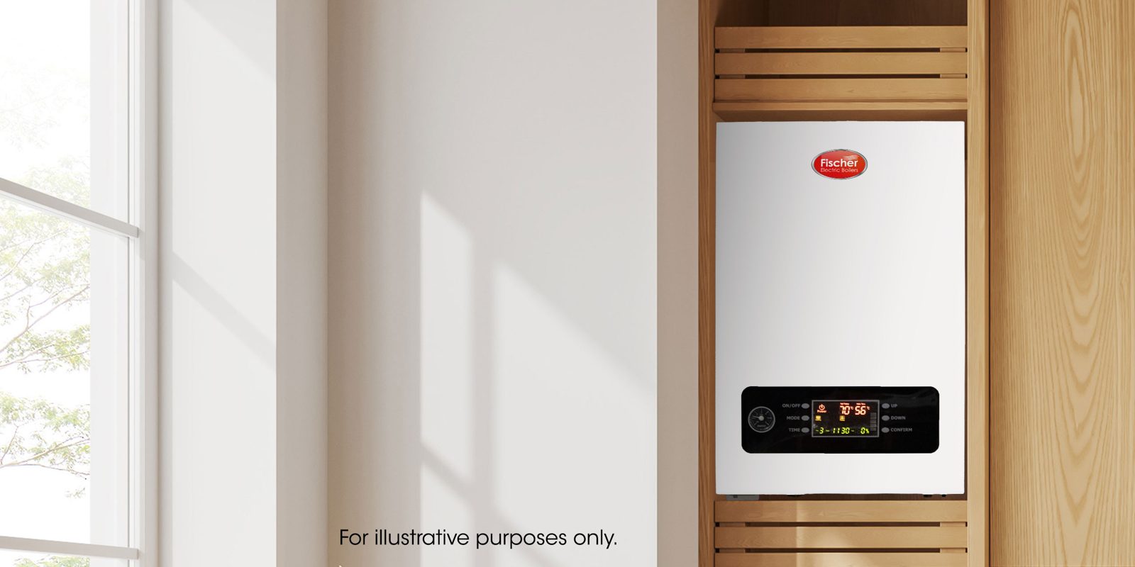 Fischer heat-only electric boiler fitted inside a wooden cupboard