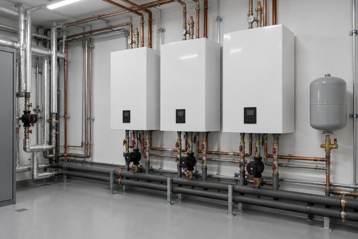 Bank of three wall-mounted electric boilers in a commercial plant room