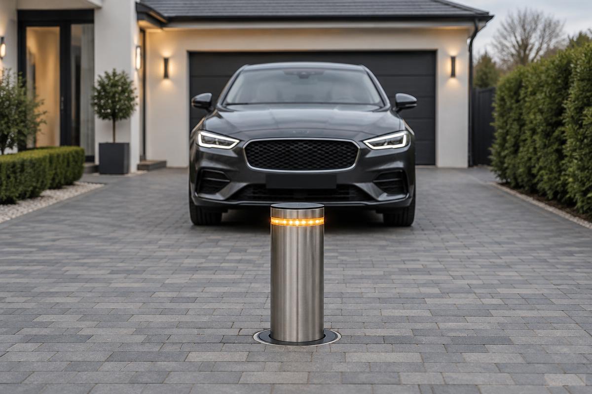 Automatic rising bollard raised with an illuminated amber light ring on a block paved home driveway, a dark luxury car parked behind it