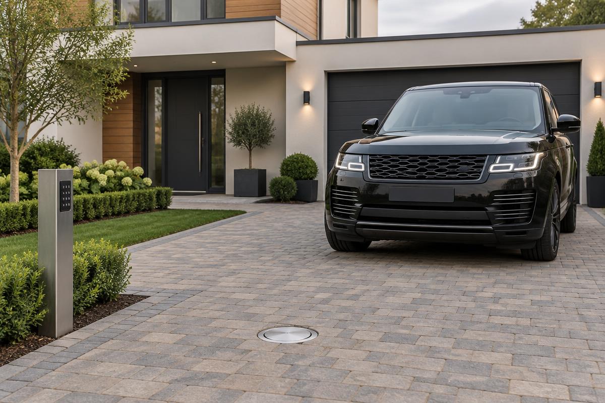 Slim stainless steel rising bollard lowered flush with the block paving of a modern home driveway, with a black SUV parked to one side and a keypad pillar beside the drive