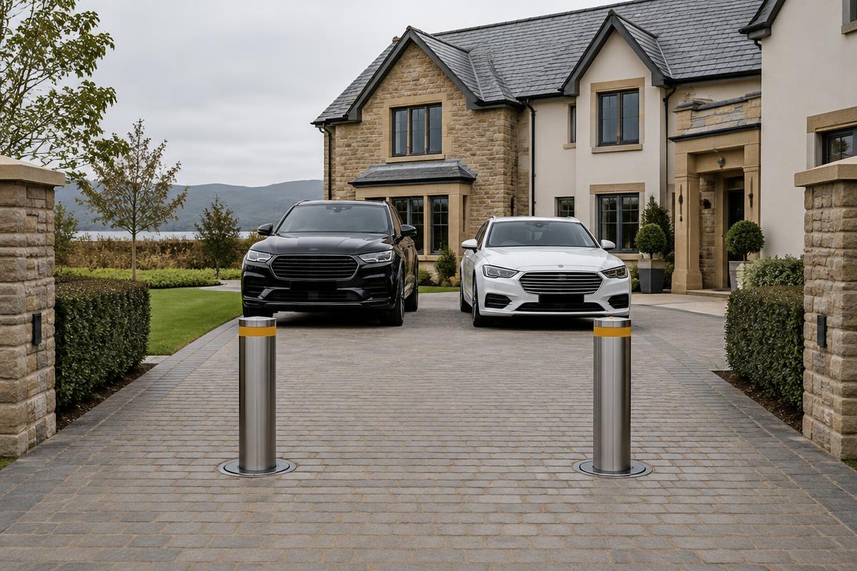 Two stainless steel rising bollards raised side by side across the wide driveway of a large detached home, with two luxury cars parked behind them