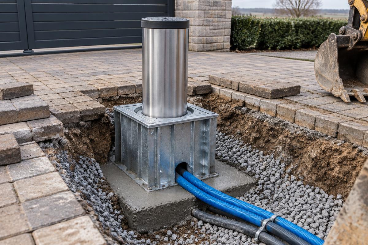Steel bollard housing set into a concrete foundation with electrical ducting during installation
