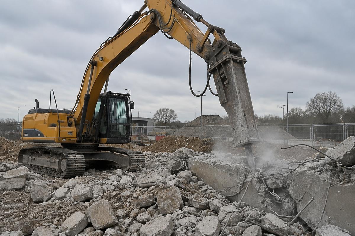 Tracked excavator fitted with a hydraulic breaker removing reinforced concrete