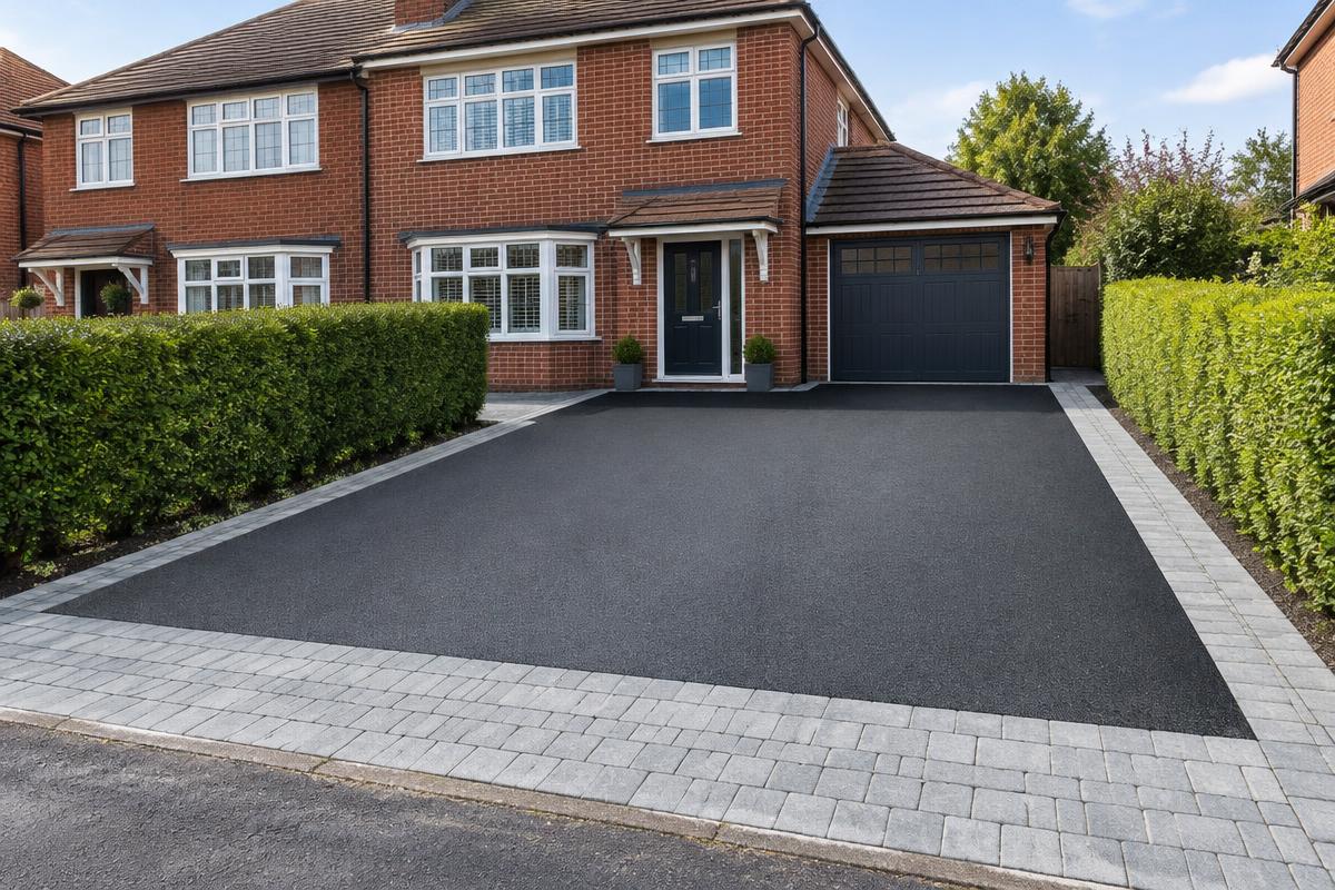 Tarmac driveway with a light block paved entrance outside a brick home