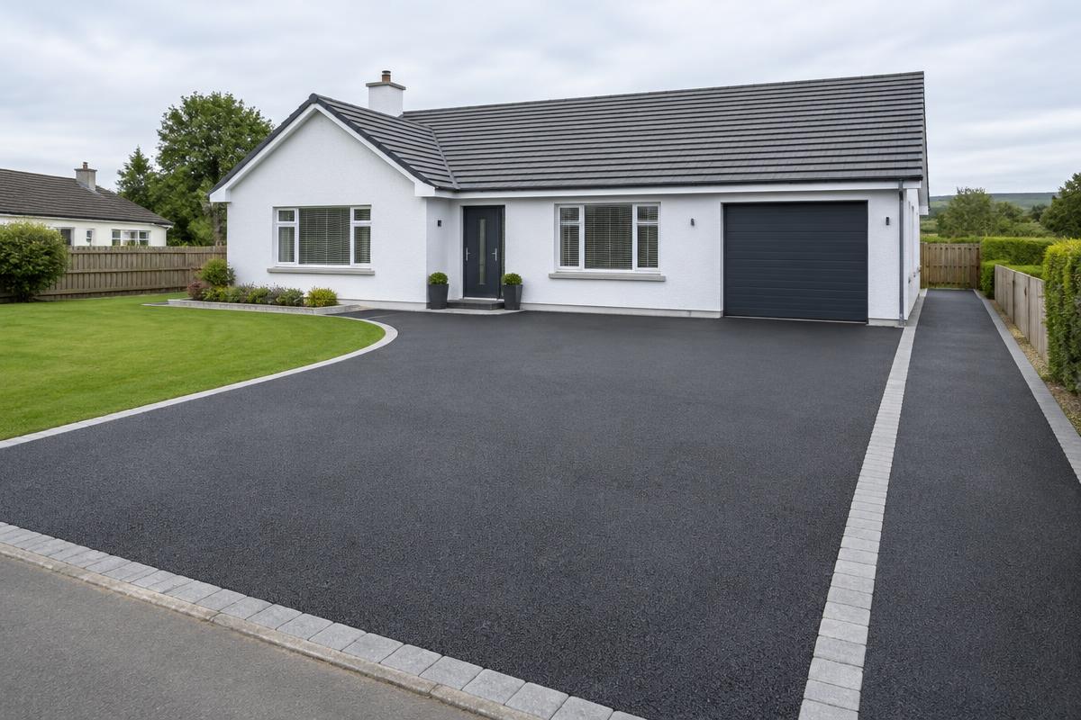 Double width tarmac driveway and side path beside a white bungalow