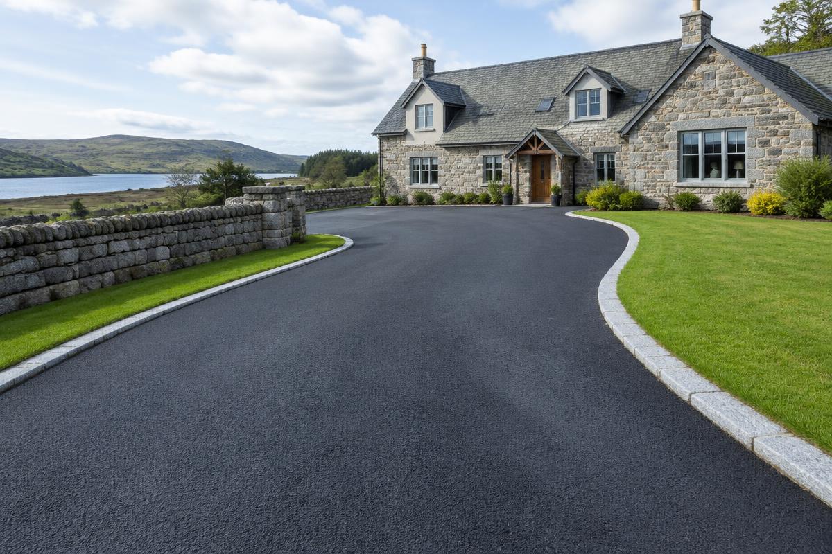 Curved tarmac driveway with granite kerbs leading to a stone country house