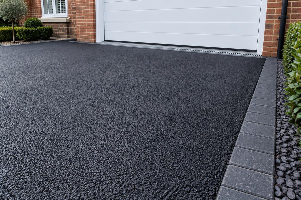Close view of black tarmac, charcoal edging and a channel drain at a garage